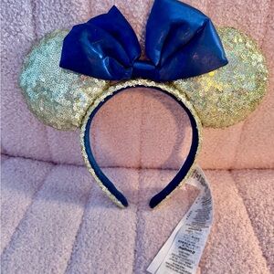 Sequin Gold Minnie Mouse Ears Headband with Blue Bow
